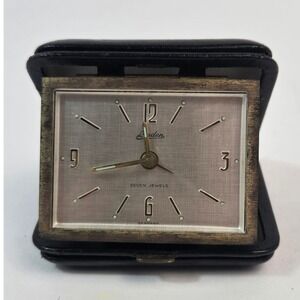 Vintage Linden Travel Alarm Clock 7 Jewels Germany Folding Leather Case